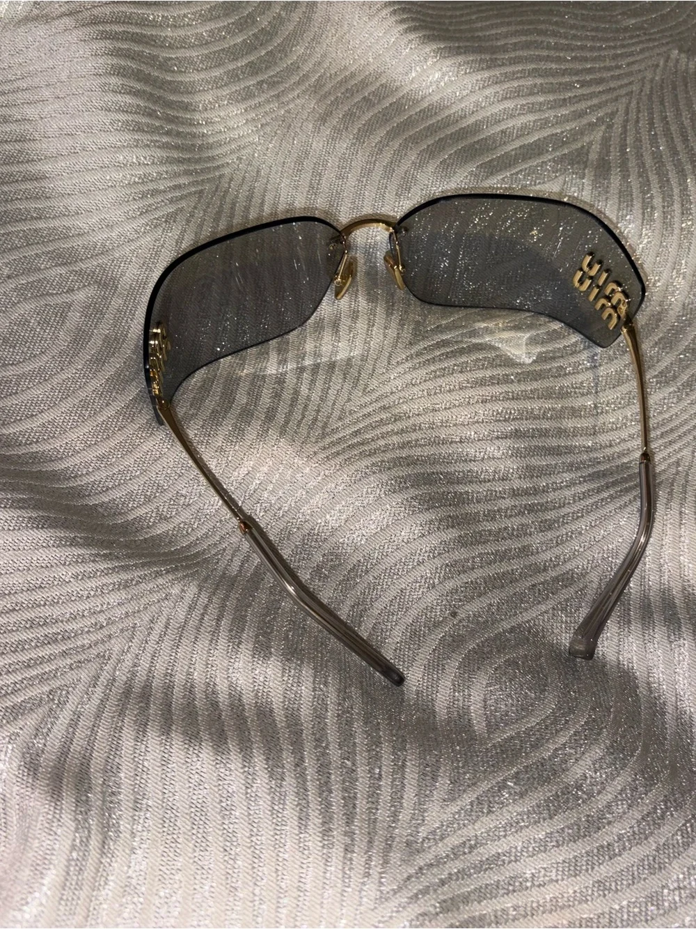 Miu Miu Glitter Rimless Shield Sunglasses - Gray & Gold